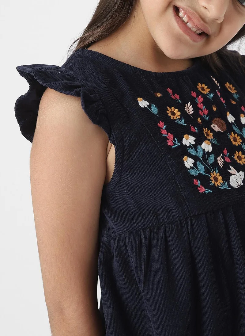 Nautinati Nautinati Girls' Floral Embroidered Corduroy Dress with Flutter Sleeves