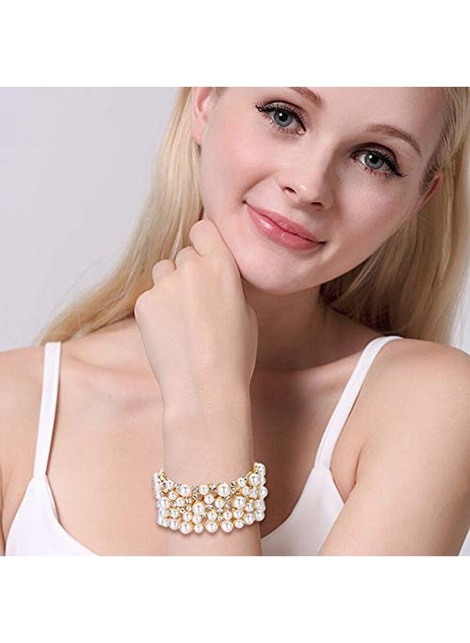 EVER FAITH Women'S Crystal Simulated Pearl Stunning Bride Wedding Stretch Bracelet Clear Gold-Tone  - Image 2