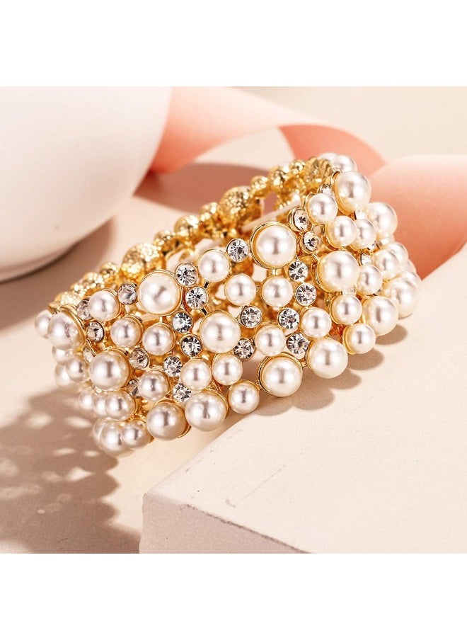 EVER FAITH Women'S Crystal Simulated Pearl Stunning Bride Wedding Stretch Bracelet Clear Gold-Tone  - Image 3