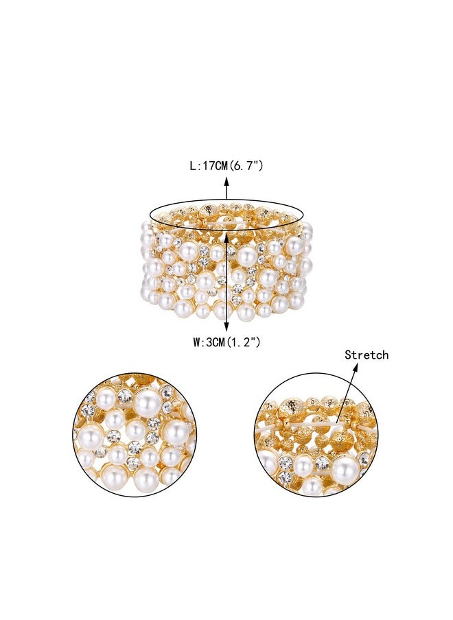 EVER FAITH Women'S Crystal Simulated Pearl Stunning Bride Wedding Stretch Bracelet Clear Gold-Tone  - Image 5