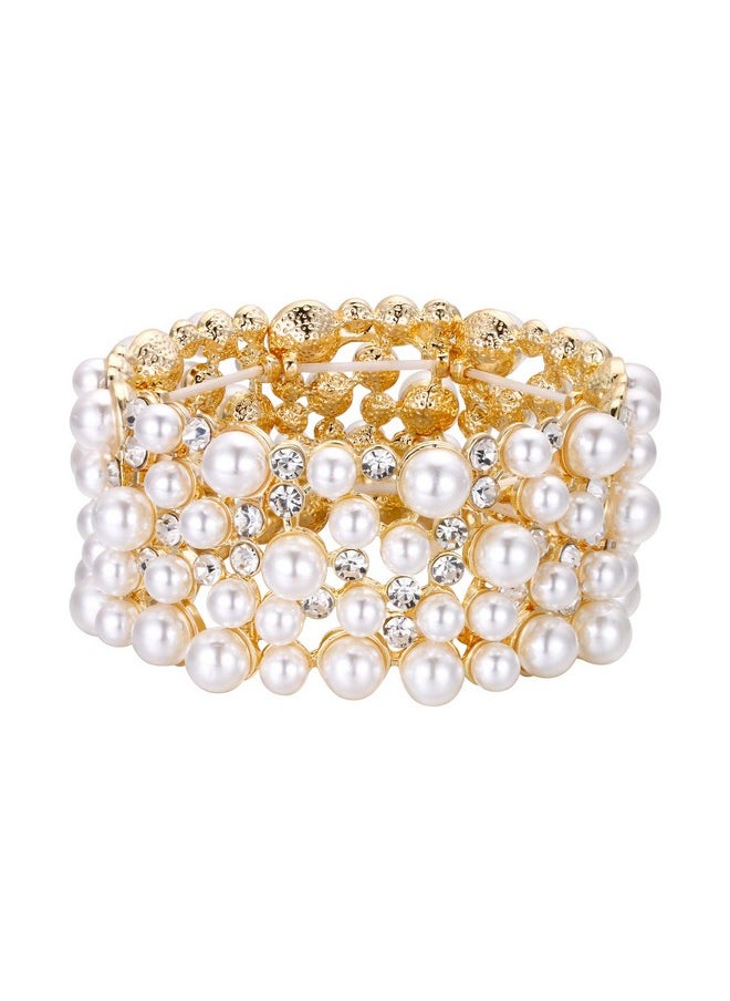 EVER FAITH Women'S Crystal Simulated Pearl Stunning Bride Wedding Stretch Bracelet Clear Gold-Tone  - Image 1