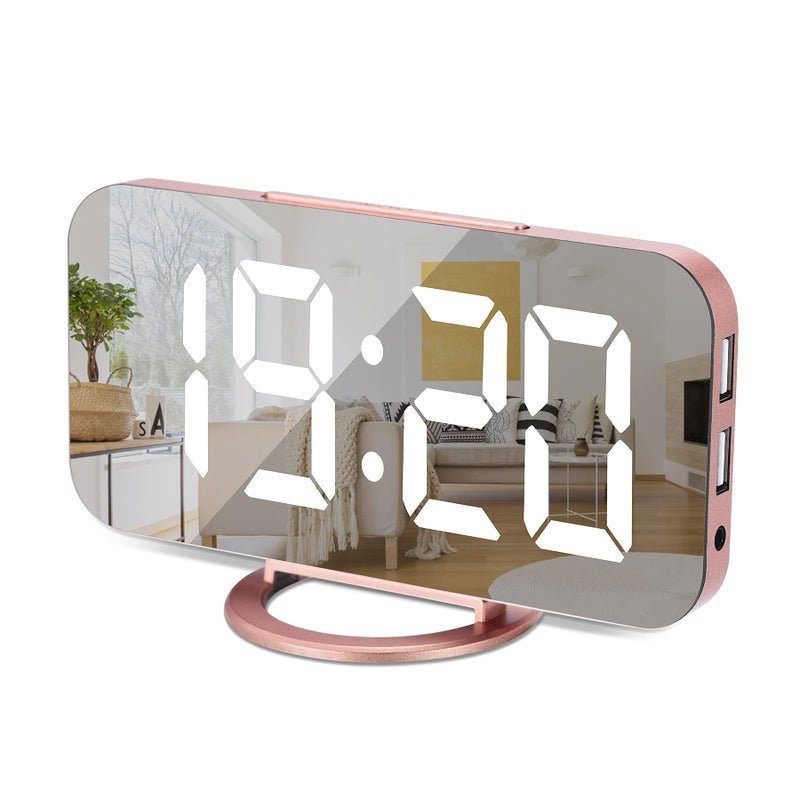 SZELAM Digital Clock Large Display LED Electric Alarm Clock Mirror Surface for Makeup with Diming Mode 3 Levels Brightness Dual USB Ports Modern Decoration for Home Bedroom Decor Rose Gold