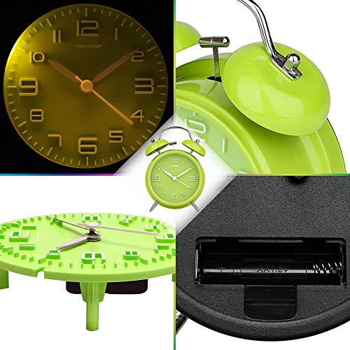 Peakeep 4 Inches Twin Bell Loud Alarm Clock for Heavy Sleepers, Battery Operated Old Fashioned Alarm Clock (3D-Dial, Green) - Image 4
