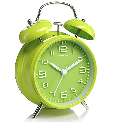 Peakeep 4 Inches Twin Bell Loud Alarm Clock for Heavy Sleepers, Battery Operated Old Fashioned Alarm Clock (3D-Dial, Green) - Image 1