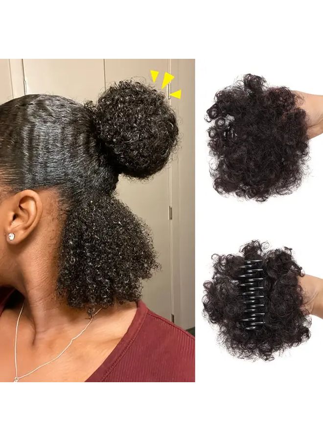 Synthetic Afro Puff Hair Bun Kinky Curly Ponytail Clip In Extensions Updo Hairpiece For Women Daily Party Use Black 4 Inch - Image 1