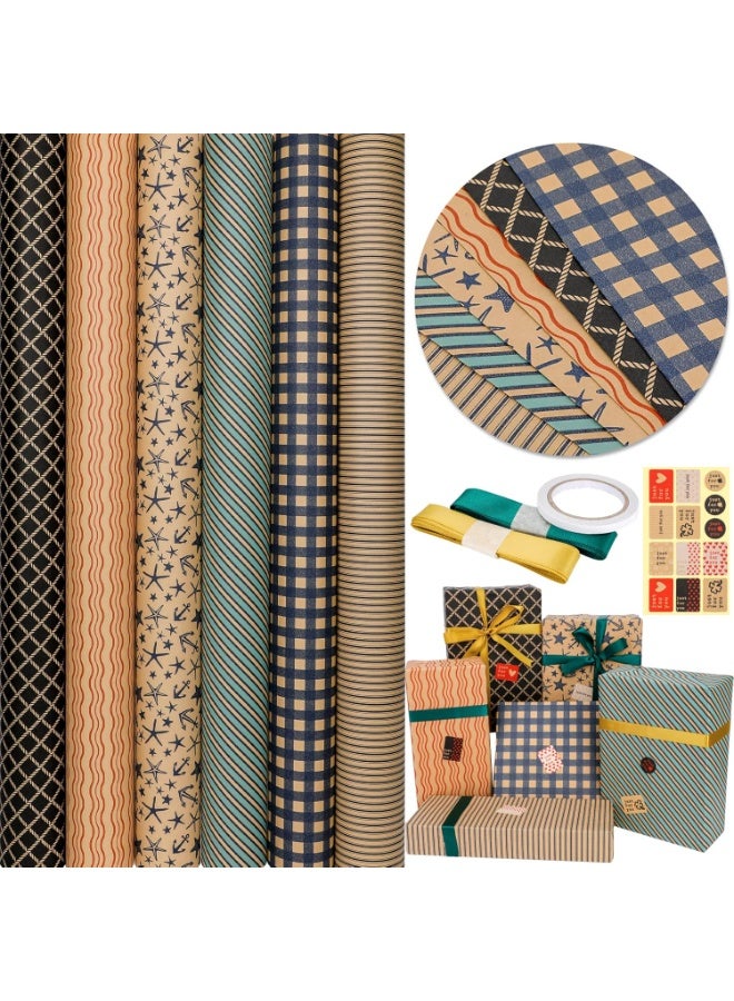 مجموعة من 6 ورقات تغليف هدايا كرافت مع ملصقات وشريط لاصق مزدوج الجوانب وشريط - 50 × 70 سم - مثالية لجميع المناسبات - Image 1