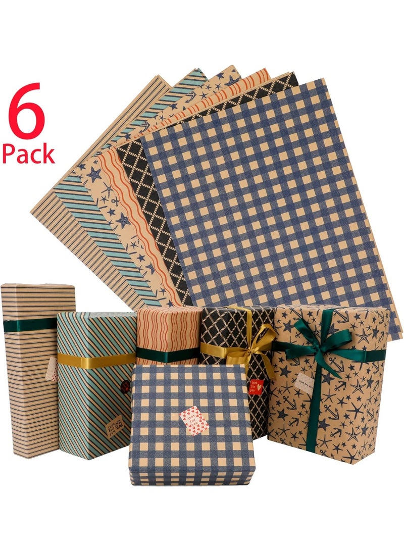 مجموعة من 6 ورقات تغليف هدايا كرافت مع ملصقات وشريط لاصق مزدوج الجوانب وشريط - 50 × 70 سم - مثالية لجميع المناسبات - Image 3
