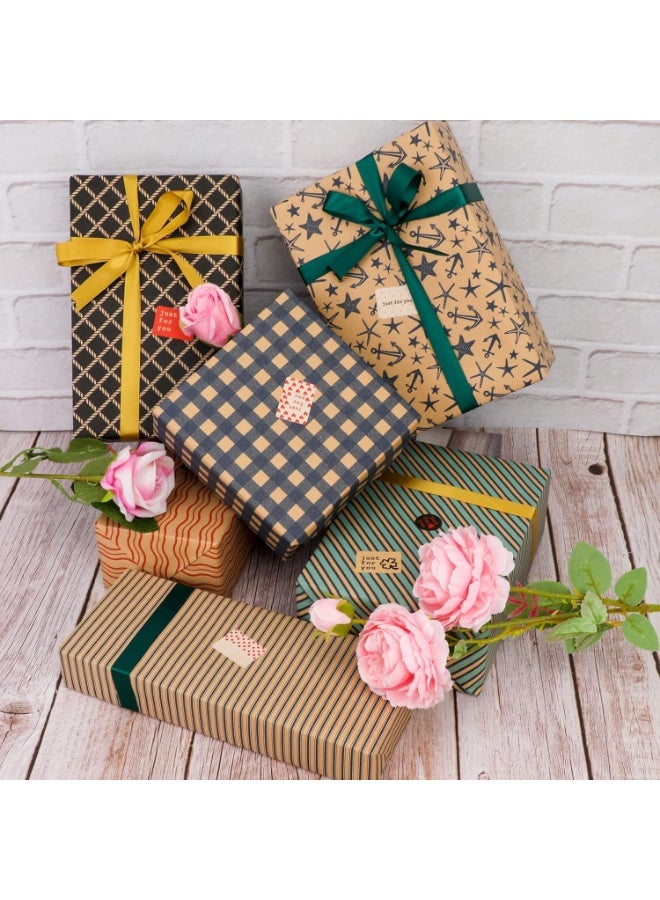 مجموعة من 6 ورقات تغليف هدايا كرافت مع ملصقات وشريط لاصق مزدوج الجوانب وشريط - 50 × 70 سم - مثالية لجميع المناسبات - Image 4