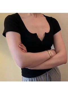 Generic Elegant Slim Fit Cotton U-Neck Short Sleeve Womens T-Shirt Cropped Top For Summer Stylish Casual Vestido Corto Grey  - Image 2
