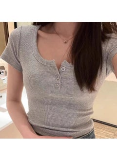 Generic Elegant Slim Fit Cotton U-Neck Short Sleeve Womens T-Shirt Cropped Top For Summer Stylish Casual Vestido Corto Grey  - Image 1