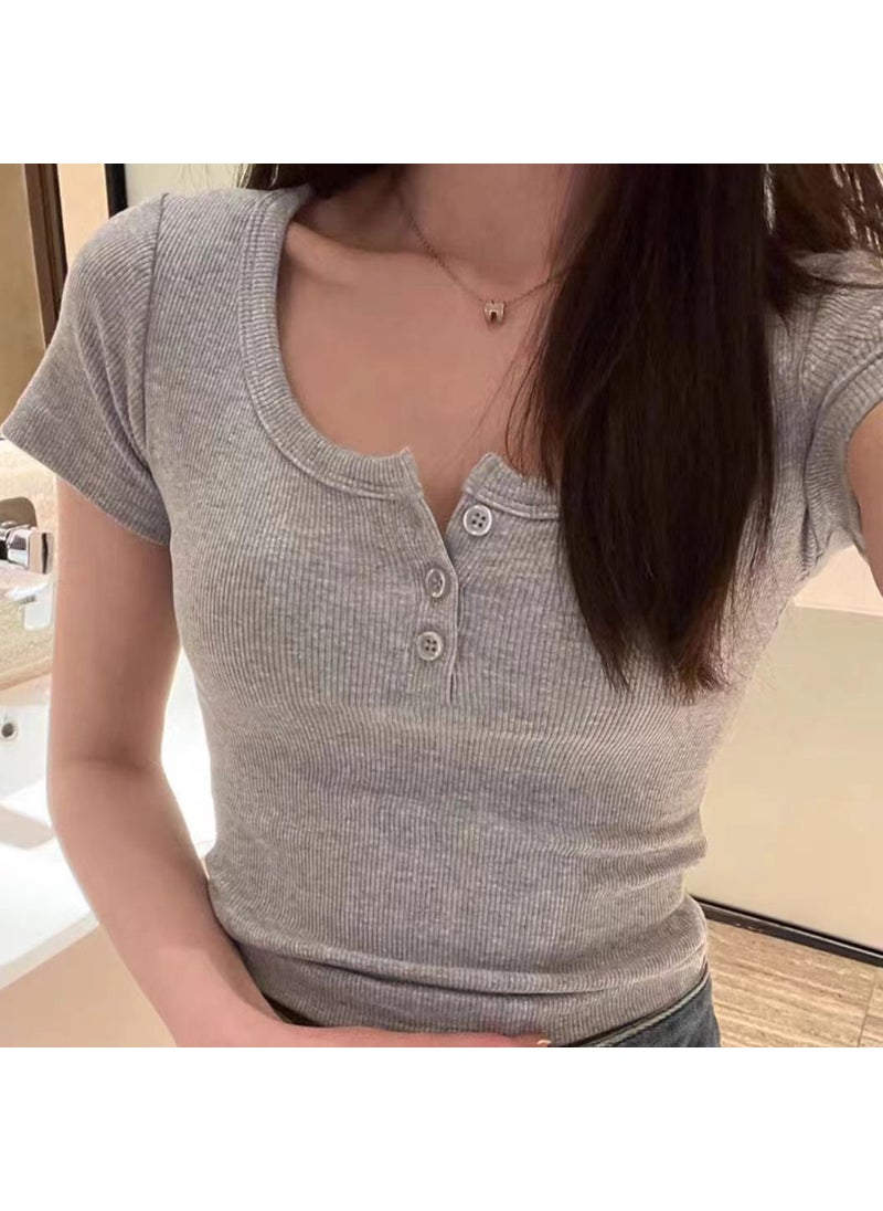 Generic Elegant Slim Fit Cotton U-Neck Short Sleeve Womens T-Shirt Cropped Top For Summer Stylish Casual Vestido Corto Grey  - Image 1