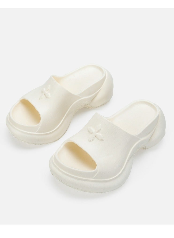 Loquat Pillow Slippers Thick Sole Wedge Non Slip Fish Mouth Outdoor Beach Slippers Cream White  - Image 1