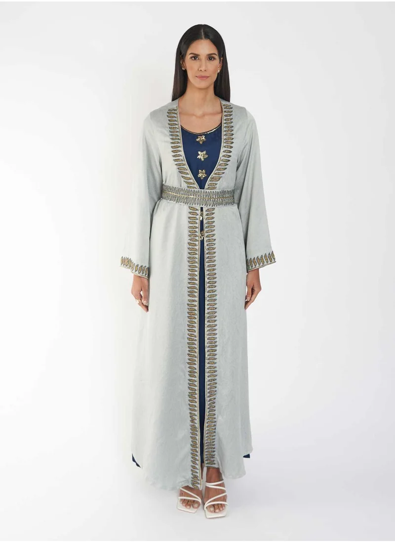 KASHKHA Grey Jacket Jalabiya with Blue Inner