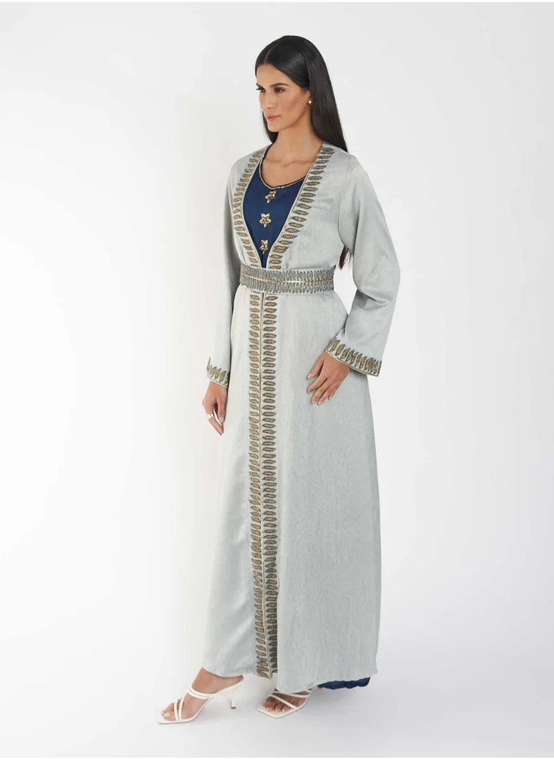 KASHKHA Grey Jacket Jalabiya with Blue Inner