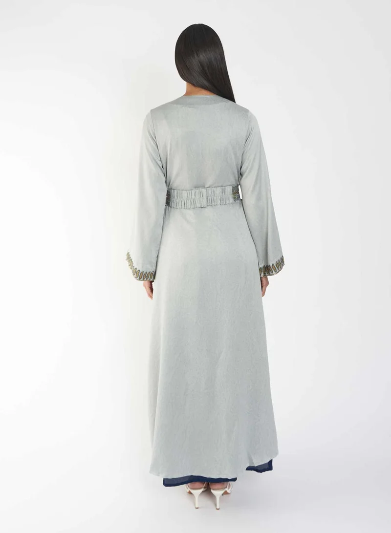 KASHKHA Grey Jacket Jalabiya with Blue Inner