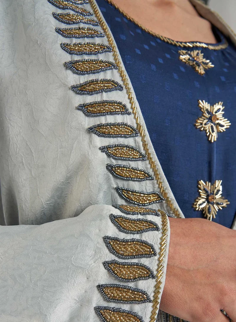 KASHKHA Grey Jacket Jalabiya with Blue Inner