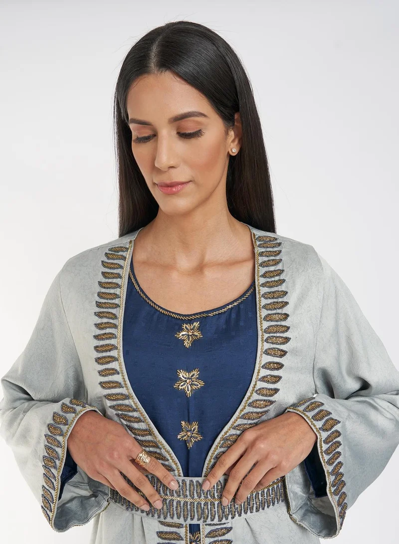 KASHKHA Grey Jacket Jalabiya with Blue Inner