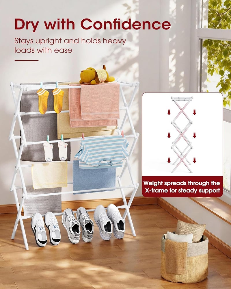 Sakugi Foldable Clothes Drying Rack – Metal Laundry Drying Rack with Non-Slip Feet, 3-Tier Space-Saving Clothing Rack for Organization, Indoor & Outdoor Use, 11.4" D x 29.1" W x 37.4" H, White - Image 3