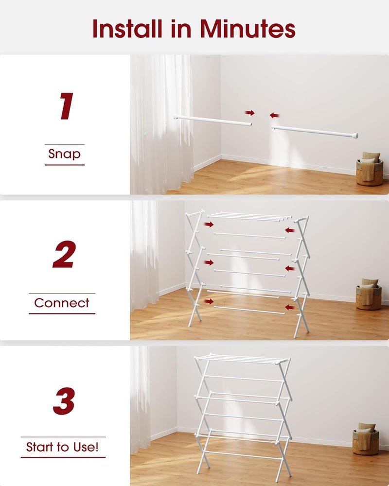 Sakugi Foldable Clothes Drying Rack – Metal Laundry Drying Rack with Non-Slip Feet, 3-Tier Space-Saving Clothing Rack for Organization, Indoor & Outdoor Use, 11.4" D x 29.1" W x 37.4" H, White - Image 5