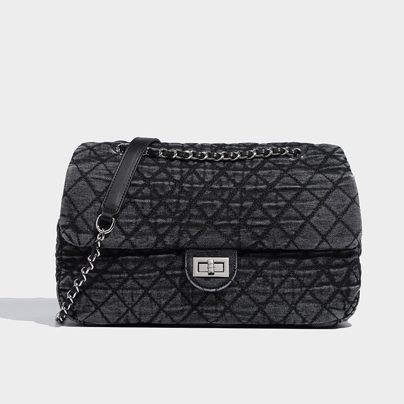 2024 Spring Summer Ink-Dyed Denim Hobo Bag with Quilted Chain Black Gray