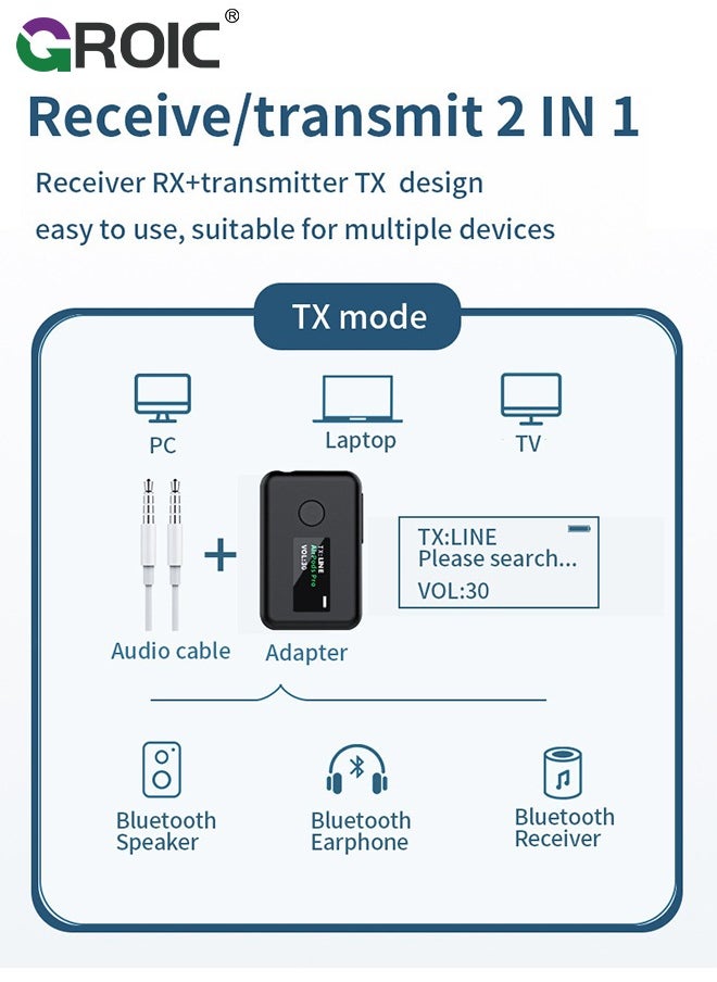 GROIC Bluetooth 5.0 Transmitter Receiver, 2 in 1 Wireless Bluetooth Transmitter Audio Adapter Bluetooth Receiver with OLED Screen APTX Low Latency for TV Laptop Headphones Stereo System  - Image 3