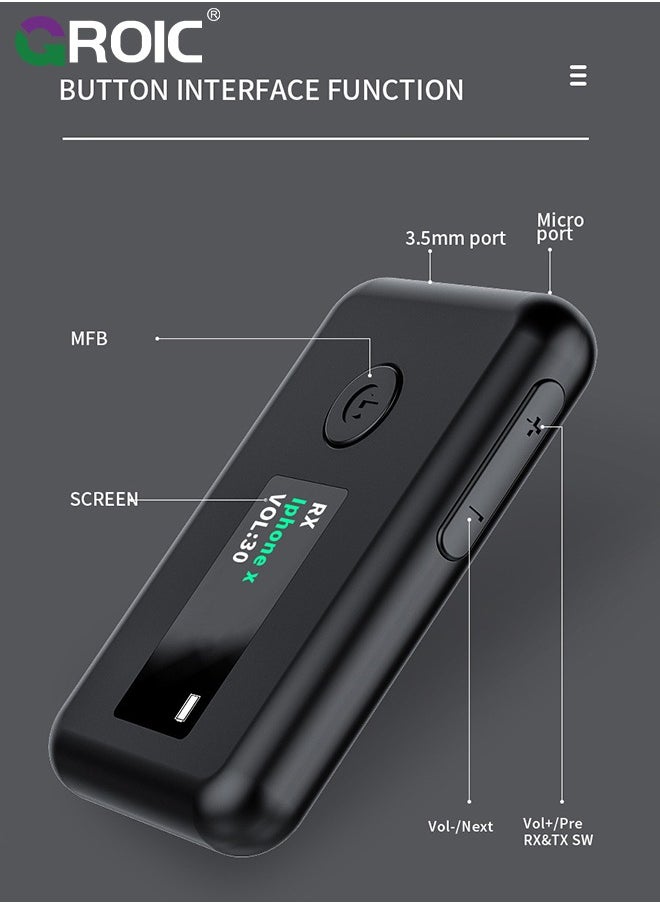 GROIC Bluetooth 5.0 Transmitter Receiver, 2 in 1 Wireless Bluetooth Transmitter Audio Adapter Bluetooth Receiver with OLED Screen APTX Low Latency for TV Laptop Headphones Stereo System  - Image 5