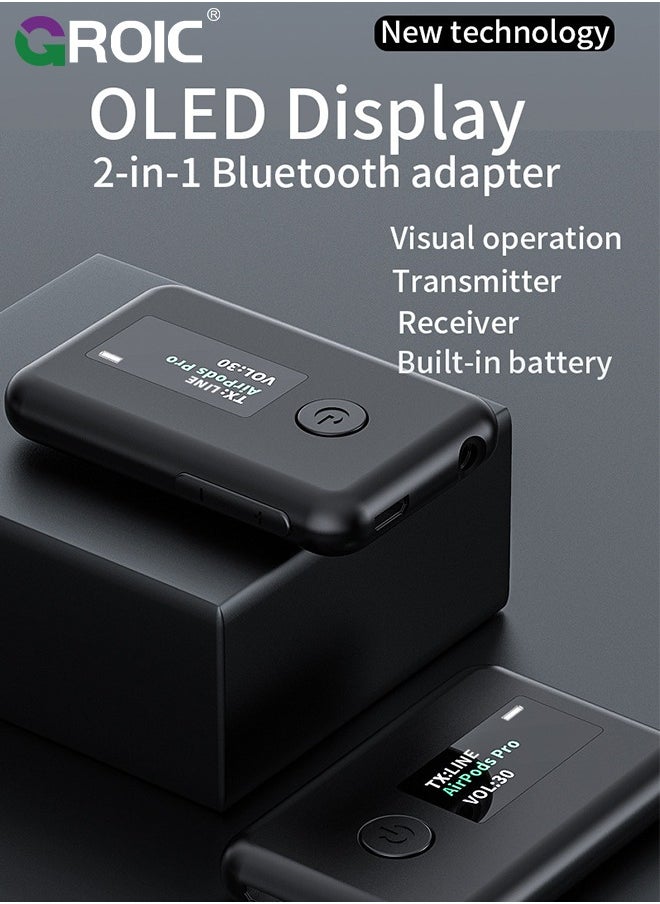 GROIC Bluetooth 5.0 Transmitter Receiver, 2 in 1 Wireless Bluetooth Transmitter Audio Adapter Bluetooth Receiver with OLED Screen APTX Low Latency for TV Laptop Headphones Stereo System  - Image 2