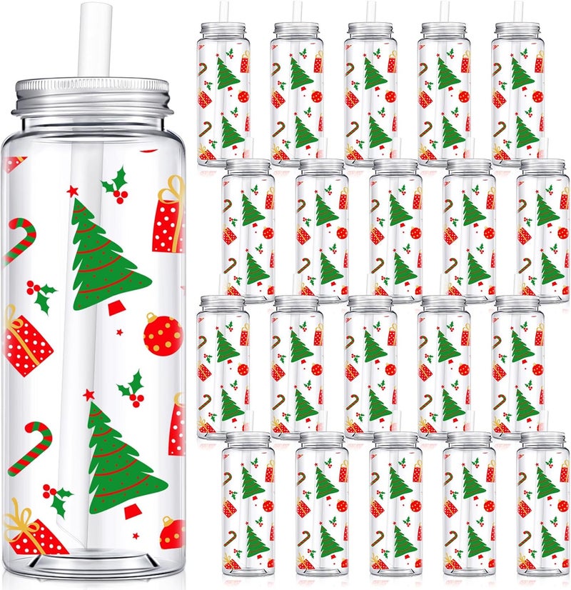 LOYIM 24 Pcs Christmas Reusable Cups Bulk 14 oz Plastic Mason Jar Drinking Holiday Cups with Lid and Straw Coffee Tea Hot Cocoa Beverage Xmas Tumbler for Adults Christmas Party Christmas Tree - Image 1