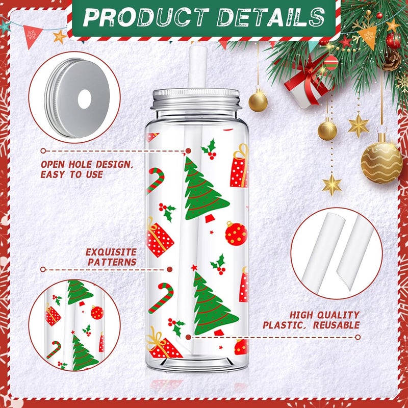 LOYIM 24 Pcs Christmas Reusable Cups Bulk 14 oz Plastic Mason Jar Drinking Holiday Cups with Lid and Straw Coffee Tea Hot Cocoa Beverage Xmas Tumbler for Adults Christmas Party Christmas Tree - Image 2