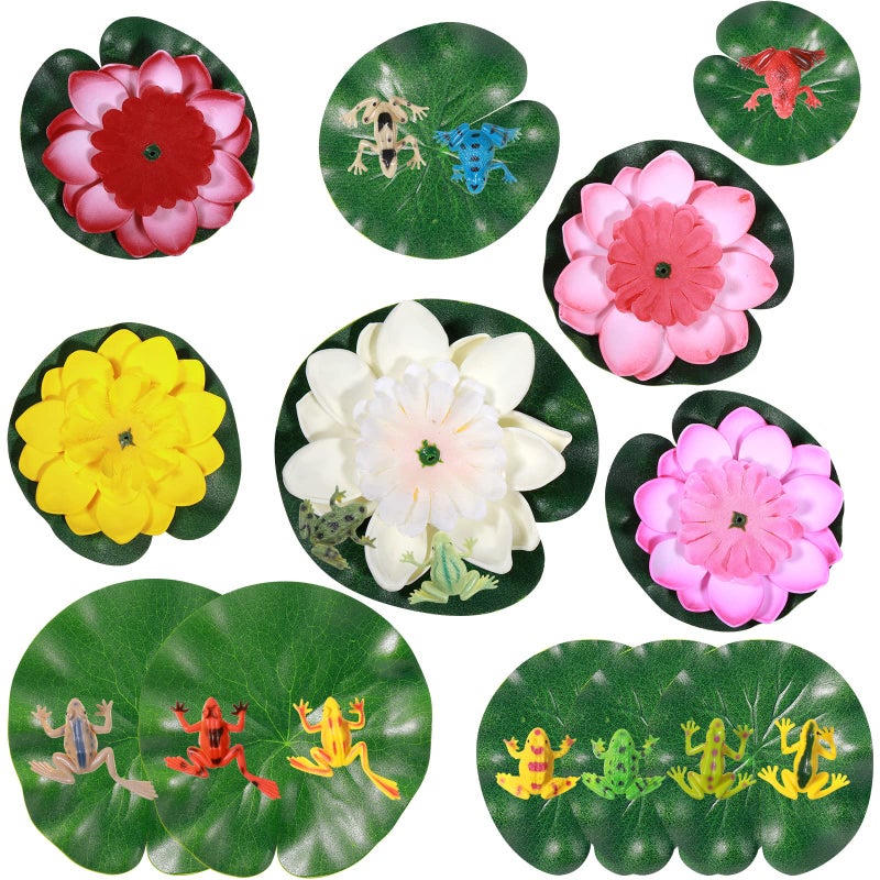 Juinte Juinte 22 Pcs Water Lily for Ponds Plastic Frog Figures Set Include 12 Plastic Frogs and 5 Floating Lotus 5 Water Lily Artificial Pond Plants for Garden Home Decor Party Favor 
