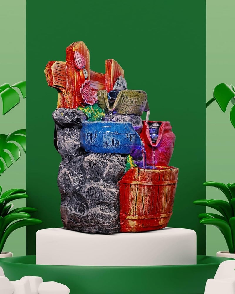 AquaDreams Vintage Style Classic 4Pots Polyresin Tabletop Indoor Waterfall Fountain with LED 28 x 17 x 13 cm for Home Decor Showpiece Fountain for Living Room House Gift Meditation Relaxation  - Image 2