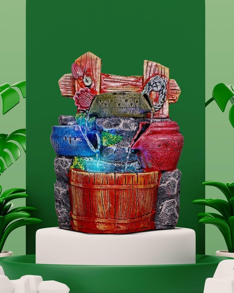 AquaDreams Vintage Style Classic 4Pots Polyresin Tabletop Indoor Waterfall Fountain with LED 28 x 17 x 13 cm for Home Decor Showpiece Fountain for Living Room House Gift Meditation Relaxation  - Image 1