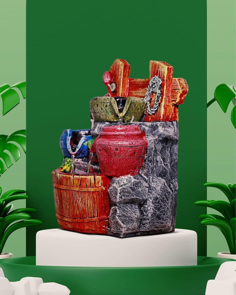 AquaDreams Vintage Style Classic 4Pots Polyresin Tabletop Indoor Waterfall Fountain with LED 28 x 17 x 13 cm for Home Decor Showpiece Fountain for Living Room House Gift Meditation Relaxation  - Image 3