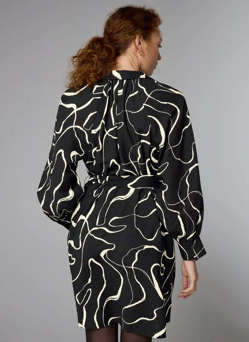 Matalan Et Vous Black Printed Woven Belted Mini Dress