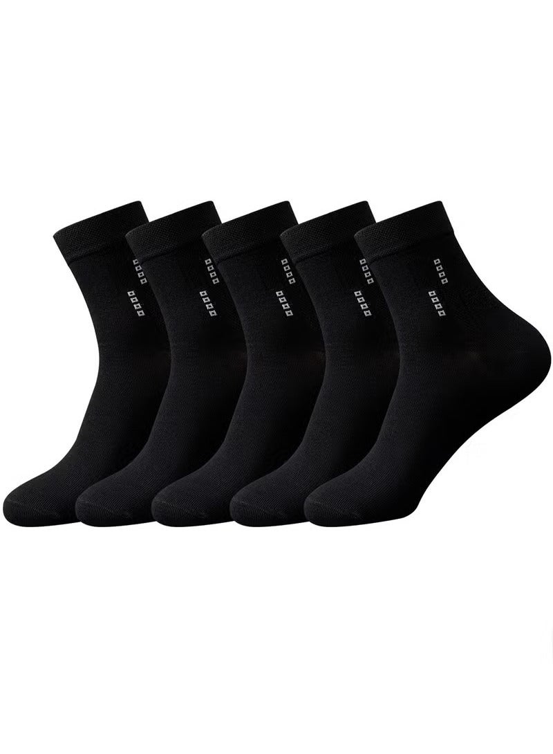 5 Pair 100% Cotton Men's Socks: Mid-Calf, Formal, Moisture-Wicking, Suitable for All Seasons, Star Dot Pattern in Pure Black for Business Casual Wear - Image 1