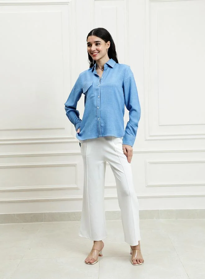 Athena Blue Linen Buttoned Shirt with Chest Pocket