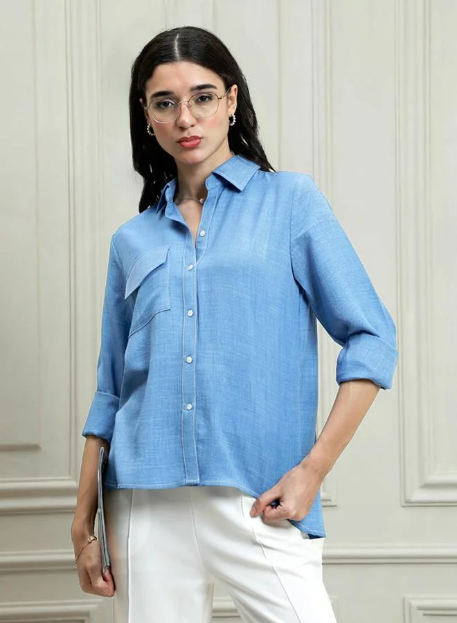 Athena Blue Linen Buttoned Shirt with Chest Pocket