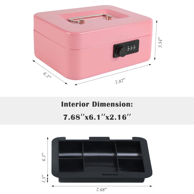 xydled Steel Cash Box Safe with Combination Lock,Money Safe Box with Removable Coin Tray,Medium,7.87"x 6.30"x 3.54",Pink - Image 3