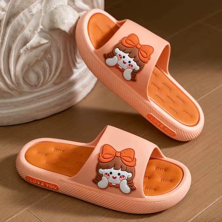 Womens Slippers Non-slip Bathroom Comfortable Slippers Home Summer Cartoon Casual Thick New Bath Cool Outside Girls Bottom Orange—[little girl]