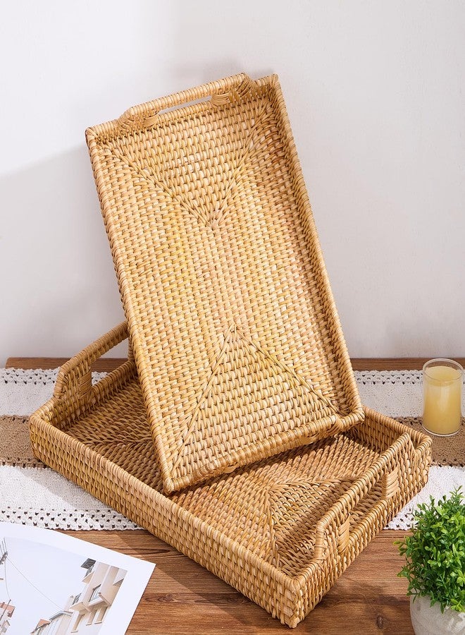 Kmelep Rattan Rectangular Serving Tray with Handles, Hand-Woven Wicker Decorative Tray for Coffee Table,Vintage Boho Style Decor for Dining, Kitchen, Bathroom, Outdoor(17"x11.4"x1.9") - Image 5