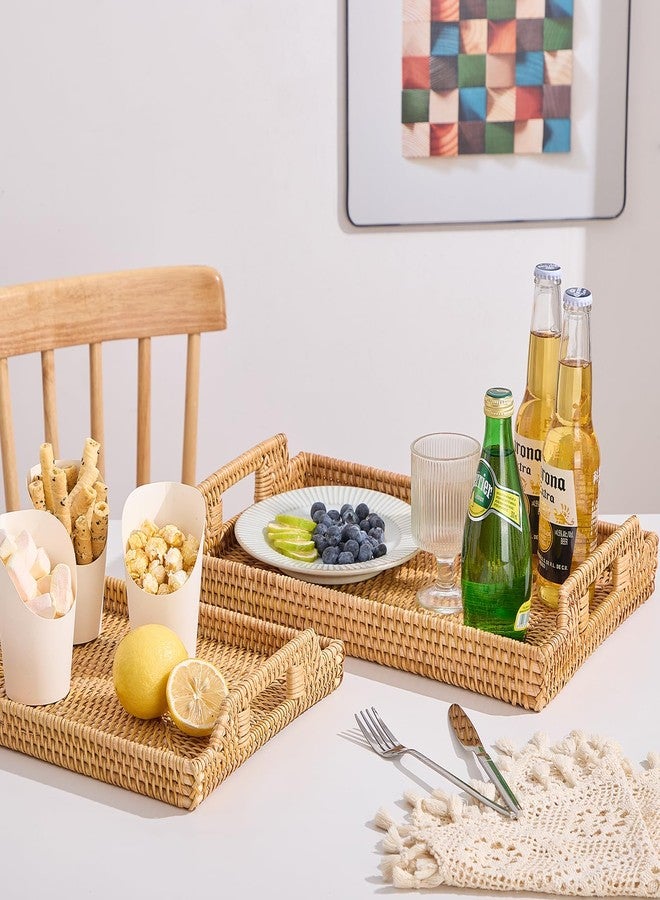 Kmelep Rattan Rectangular Serving Tray with Handles, Hand-Woven Wicker Decorative Tray for Coffee Table,Vintage Boho Style Decor for Dining, Kitchen, Bathroom, Outdoor(17"x11.4"x1.9") - Image 4