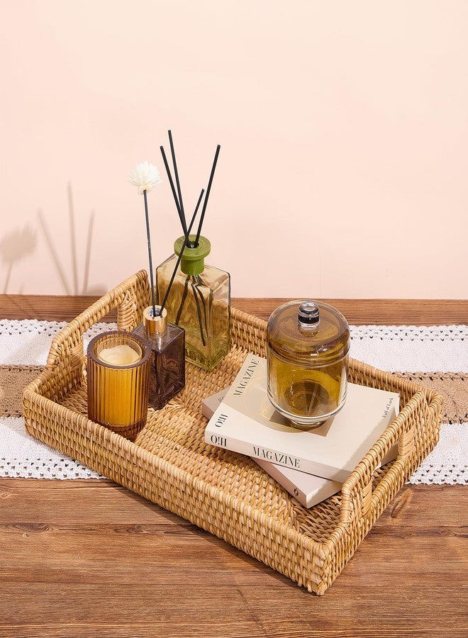 Kmelep Rattan Rectangular Serving Tray with Handles, Hand-Woven Wicker Decorative Tray for Coffee Table,Vintage Boho Style Decor for Dining, Kitchen, Bathroom, Outdoor(17"x11.4"x1.9") - Image 3