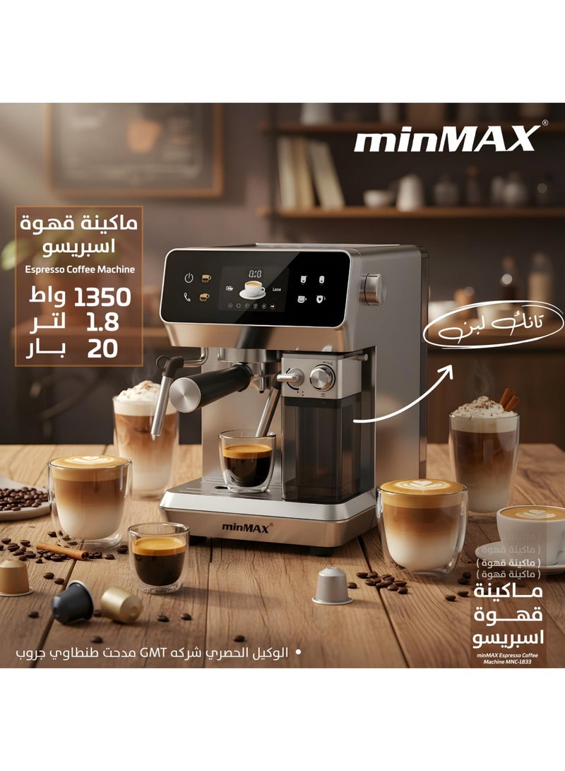Min Max minMAX Digital Espresso Coffee Machine, 1.8L, 20 Bar, 1350W, Silver - Image 1