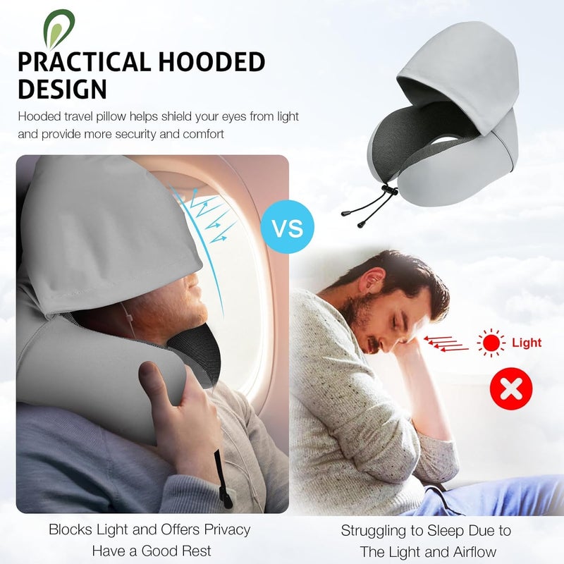 LEVGRY LEVGRY Travel Pillow 100 Pure Memory Foam Neck Pillow with Hood Comfortable Breathable Cover Airplane Travel Kit with Earplugs and Luxury Bag for Office Cars Trains Long Flights Sleeping - Image 3