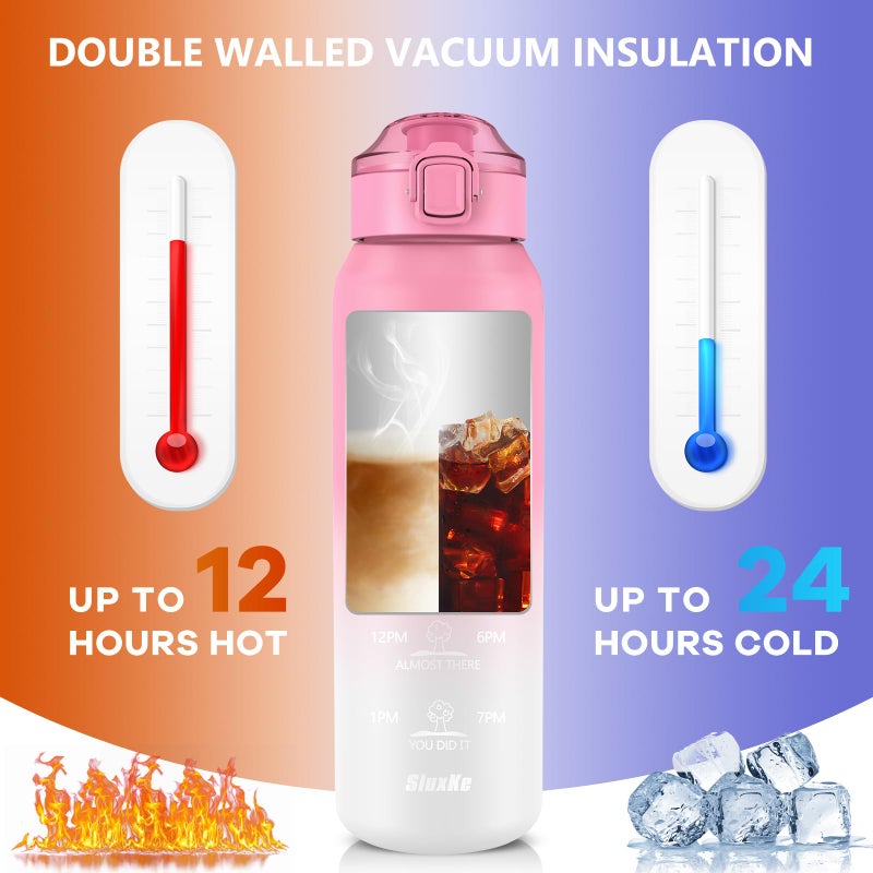 SLUXKE 32oz Insulated water bottle with 2 Lids (Straw and Chug Lid), 18/10 Stainless Steel Water Bottle BPA Free, Double Wall Vacuum Wide Mouth Insulated Water Bottle for Men, Women & Kids PINK WHITE - Image 4