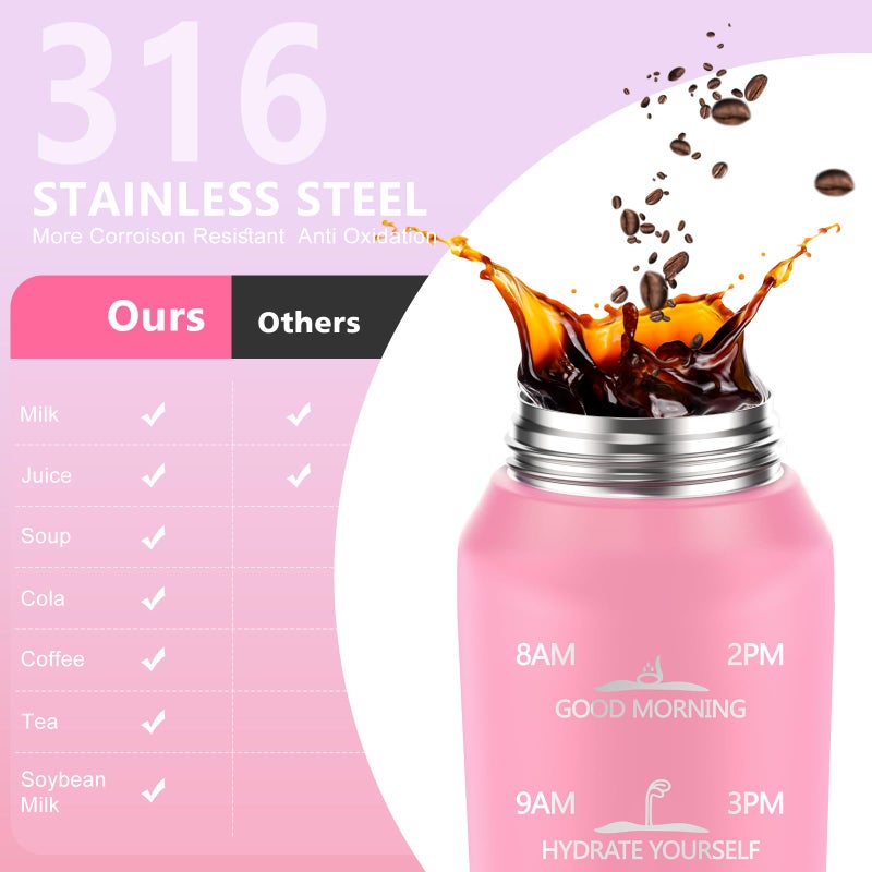 SLUXKE 32oz Insulated water bottle with 2 Lids (Straw and Chug Lid), 18/10 Stainless Steel Water Bottle BPA Free, Double Wall Vacuum Wide Mouth Insulated Water Bottle for Men, Women & Kids PINK WHITE - Image 3