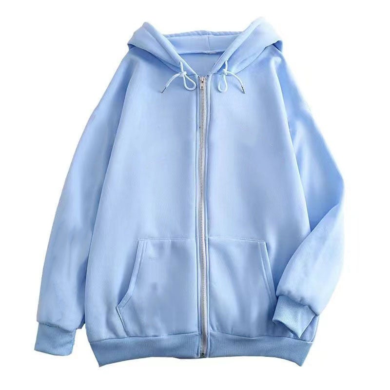Generic Solid Color Cross-border Sweater Supply Full Zip Hoodie Mens Blank Cardigan Zip Hoodie Sweater in stock Light blue-short zipper 