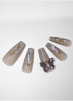 NIBEMINENT 24Pcs Fake Nails, Press Nails In Box,Mid-length Flat head shaped Solid Grey Purple Color Shiny Nail Art,Shining,Dark Purple Transparent Butterfly,Zircon,Fake Nail Patch  - Image 2