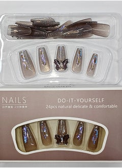 NIBEMINENT 24Pcs Fake Nails, Press Nails In Box,Mid-length Flat head shaped Solid Grey Purple Color Shiny Nail Art,Shining,Dark Purple Transparent Butterfly,Zircon,Fake Nail Patch  - Image 3