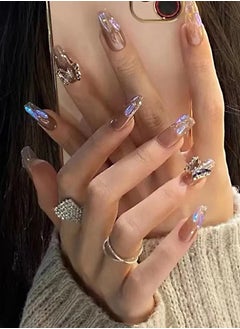 NIBEMINENT 24Pcs Fake Nails, Press Nails In Box,Mid-length Flat head shaped Solid Grey Purple Color Shiny Nail Art,Shining,Dark Purple Transparent Butterfly,Zircon,Fake Nail Patch  - Image 1